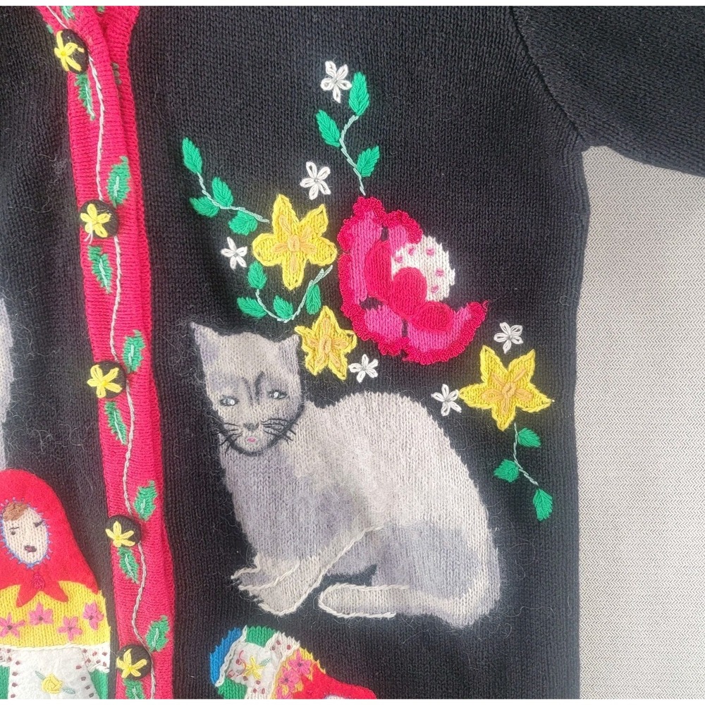 Storybook Knits Sweater Embroidered Cat Russian Nesting Doll Cardigan Size Small - Picture 5 of 11